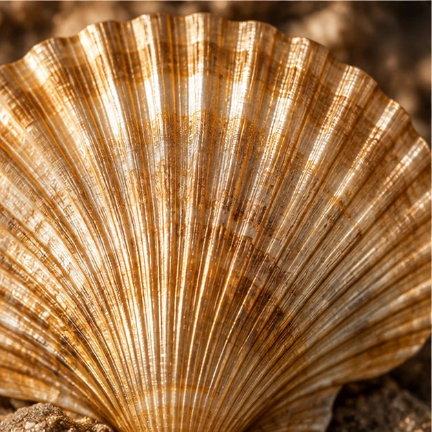 Warm gold shell ridges echoing the illuminated circular feature