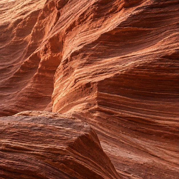 Warm canyon rock echoing the room's copper accents