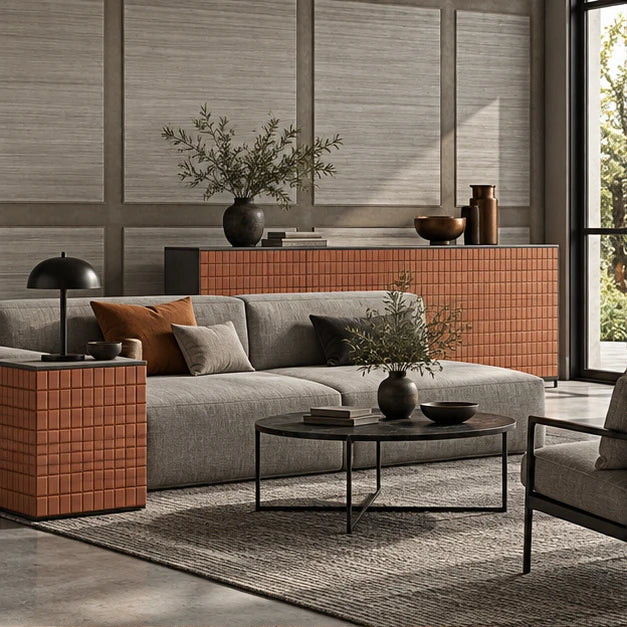 Industrial living room featuring grey framed A1600-9 combo wall panels and copper 26507 grid panels on the cabinet and side table