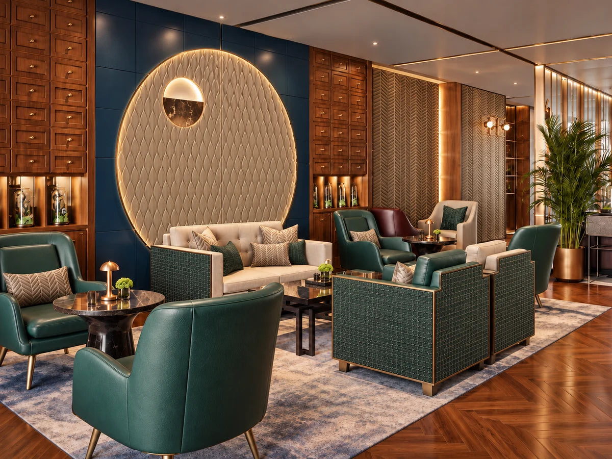 Lounge featuring a circular 26505 metal resin panel, 26504 chevron wall panels beside timber, and green CSQR-880U00 chair panels