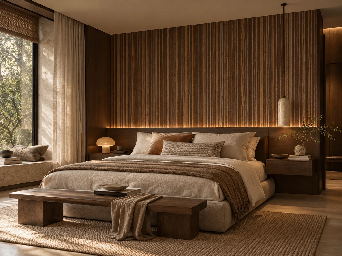 Warm contemporary bedroom with a layered brown feature wall