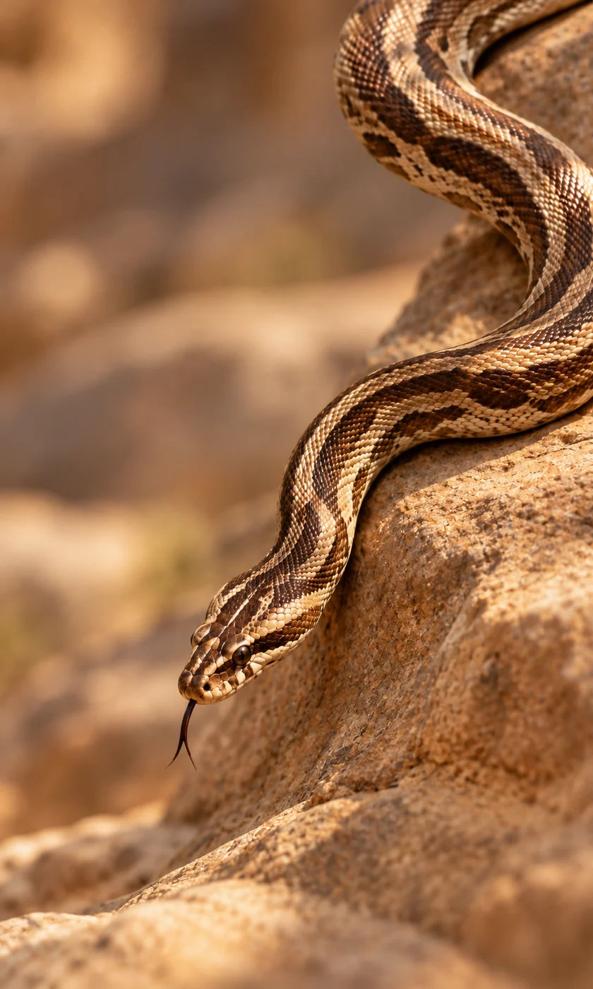 Brown patterned snake moving across sunlit rock