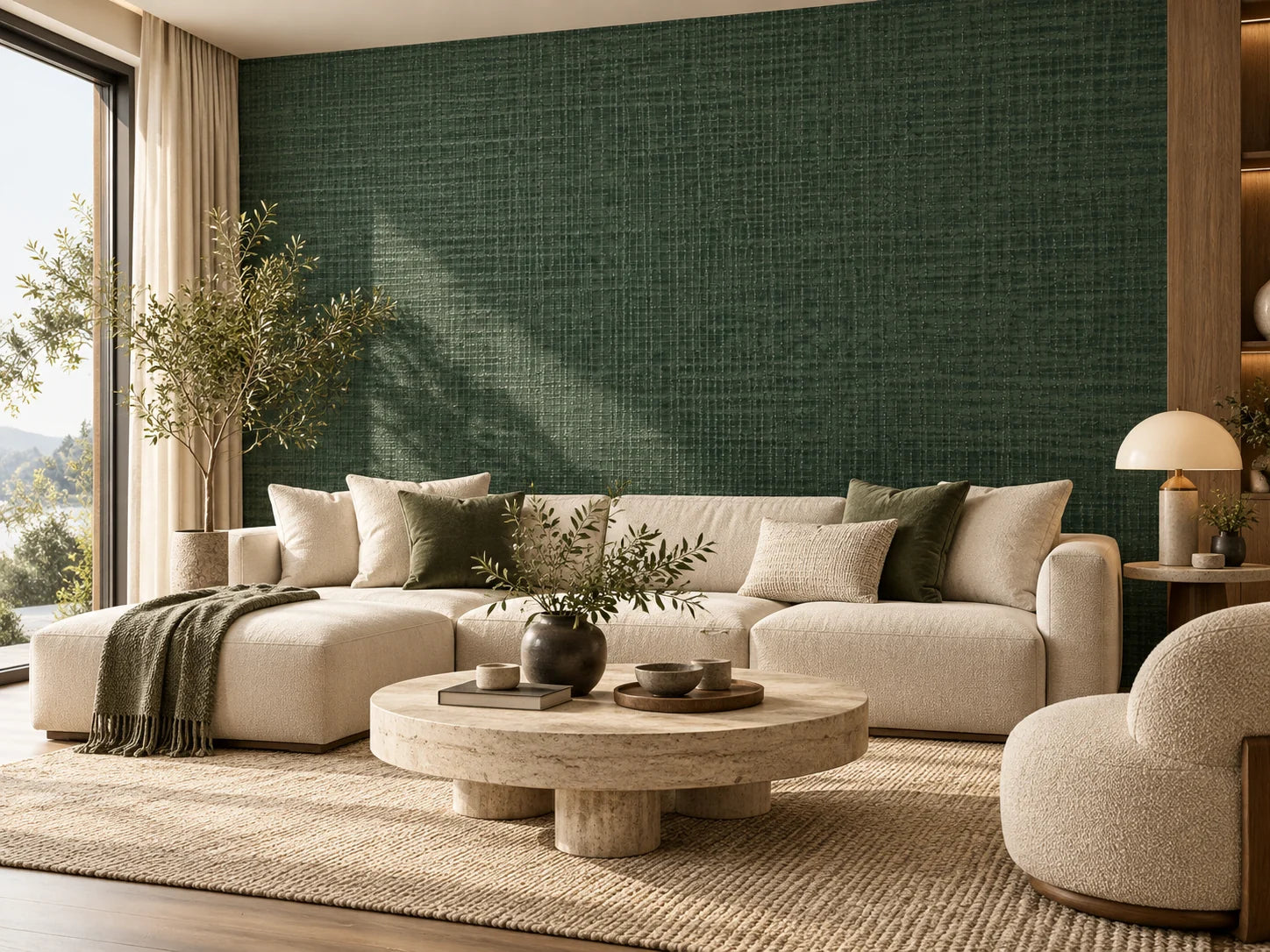 Contemporary living room with a deep green textured feature wall