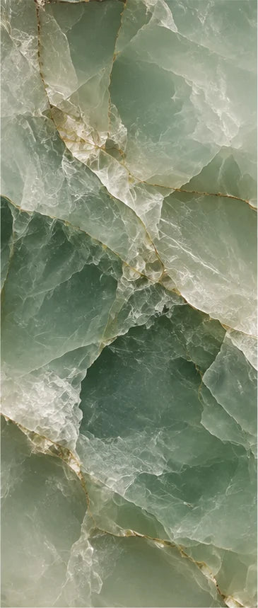 Deep green stone with pale veining echoing the lounge's green palette