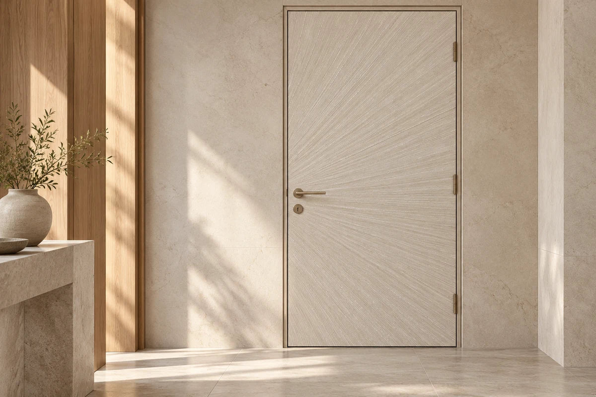 Full-sheet CRES-RAL-801U00 resin door in an ivory entrance hall, with fine lines radiating from the left-edge handle position