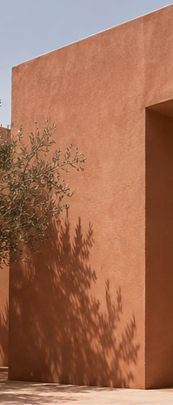 Terracotta architecture with tree shadows