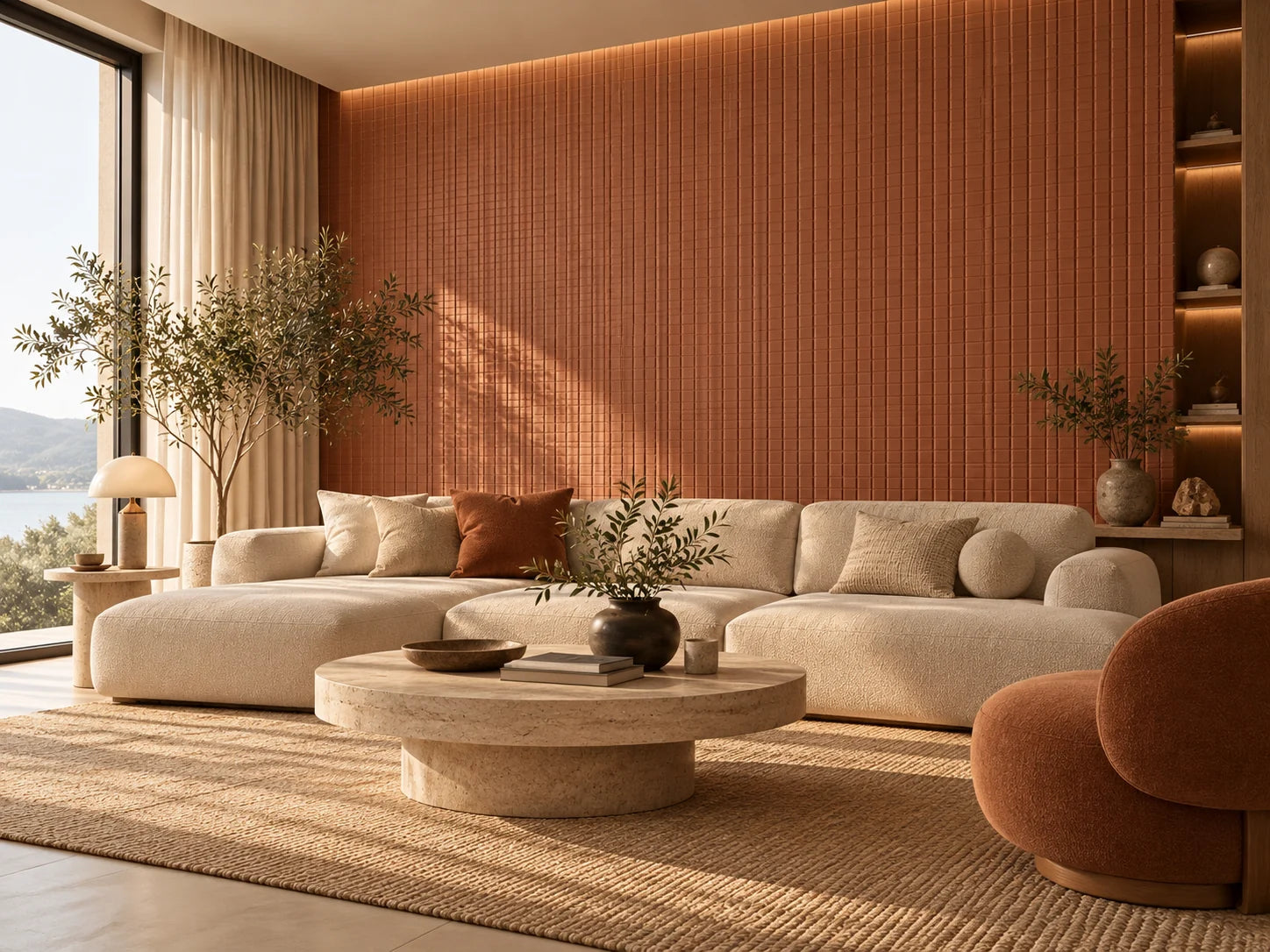 Contemporary living room with a terracotta grid feature wall